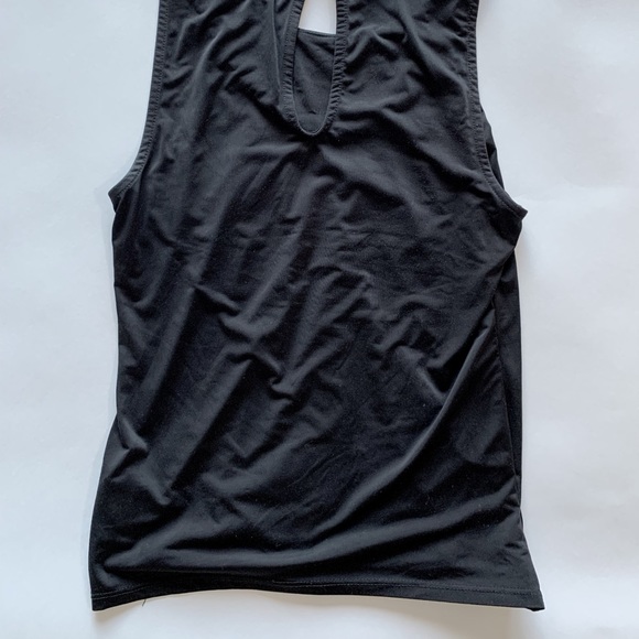 Black Bedazzled Bebe Silky Tank Top, Beaded Silver Metal Neckline, Keyhole Back - Picture 2 of 3